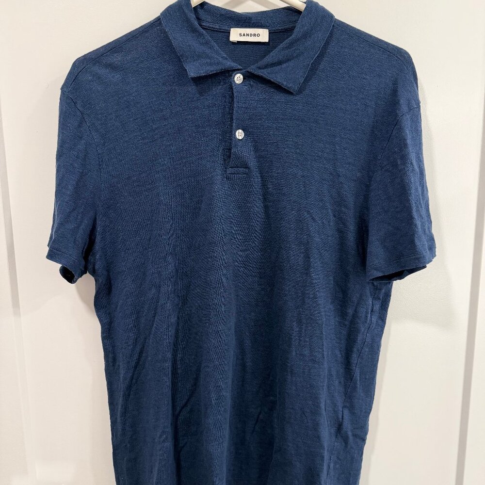 Sandro Linen-Jersey Polo Shirt – Navy – Medium